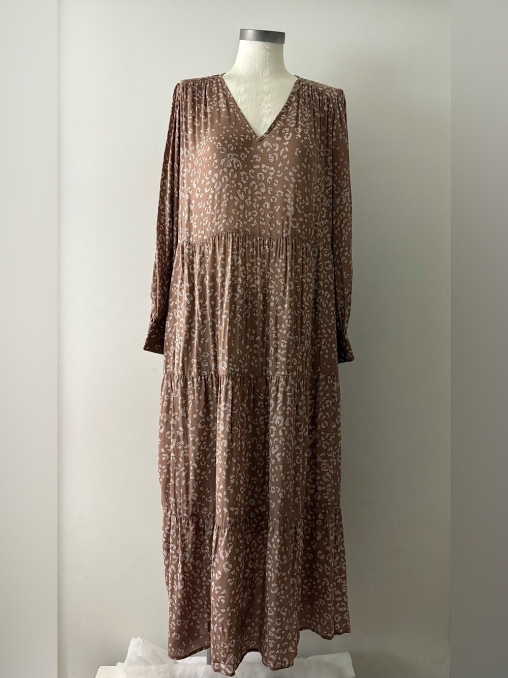 a new day Taupe & Ivory leaves Print Tiered Maxi Dress